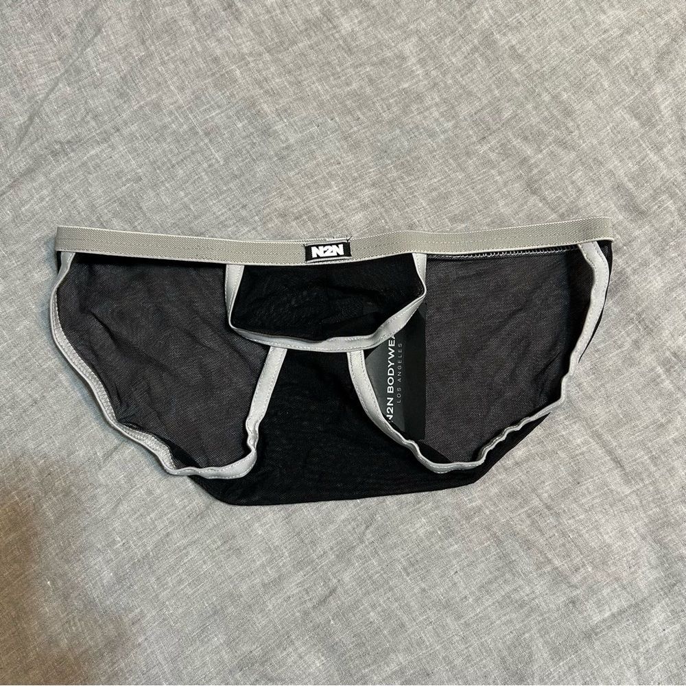 N2N Bodywear Black Sheer Mesh High Cut Pouch Briefs Size Large NWT